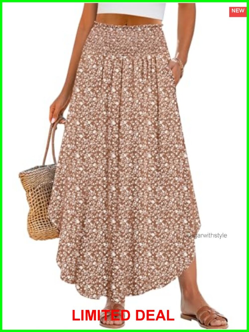 Boho Floral High Waisted Flowy Pleated Maxi Skirt with Pockets